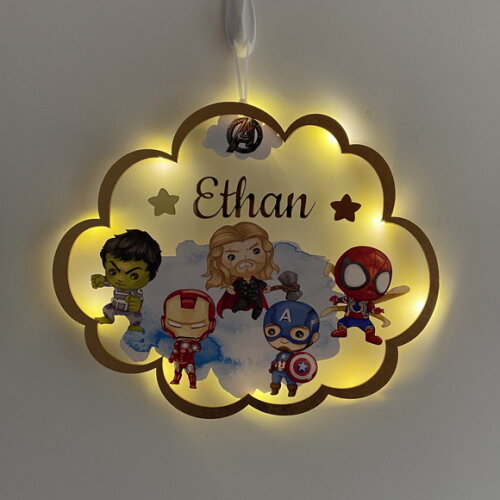 Porta Maternidade Vingadores Led Acrílico e Espelho