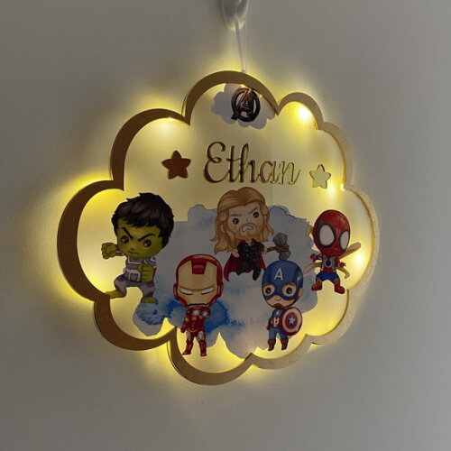 Porta Maternidade Vingadores Led Acrílico e Espelho