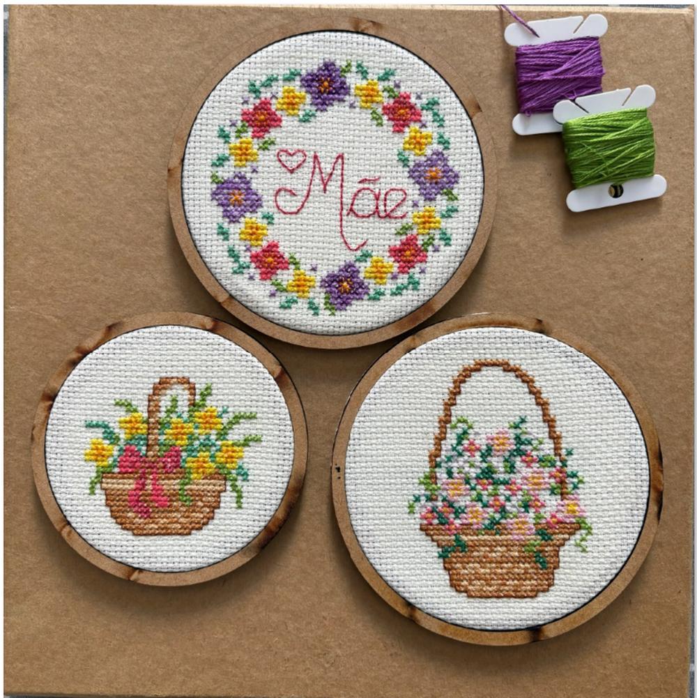 🌸 Trio de bastidores Bordados em Ponto Cruz 10cm 🧵✨
