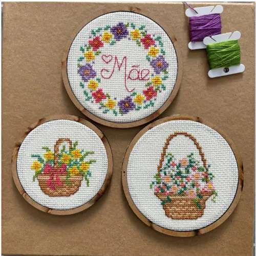 🌸 Trio de bastidores Bordados em Ponto Cruz 10cm 🧵✨