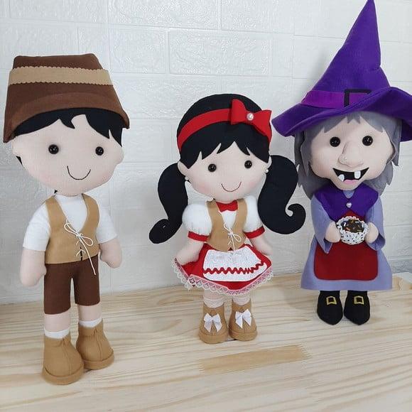 Bonecos João, Maria e a Bruxa 25 cm em Feltro