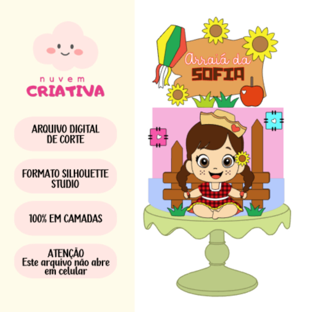 Arquivo de Corte - Topo de Bolo Menina de Trança Arraiá
