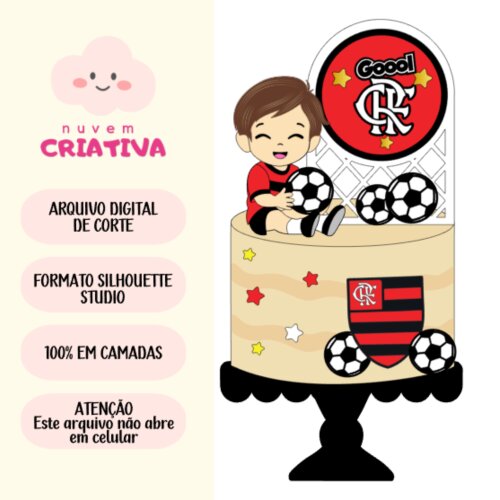 Arquivo de Corte - Topo de Bolo Menino Flamenguista com Bola