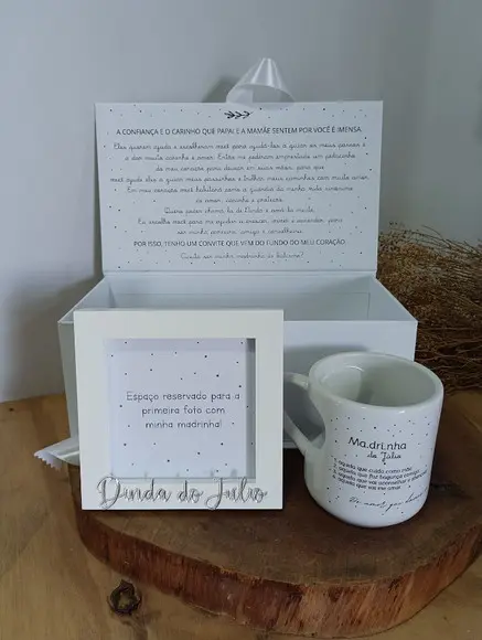 Caixa Convite Padrinho de Batismo Caneca e Porta Retrato
