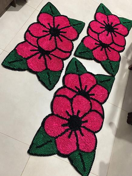 3 Tapetes Frufru Flor Rosa Pink Antiderrapante