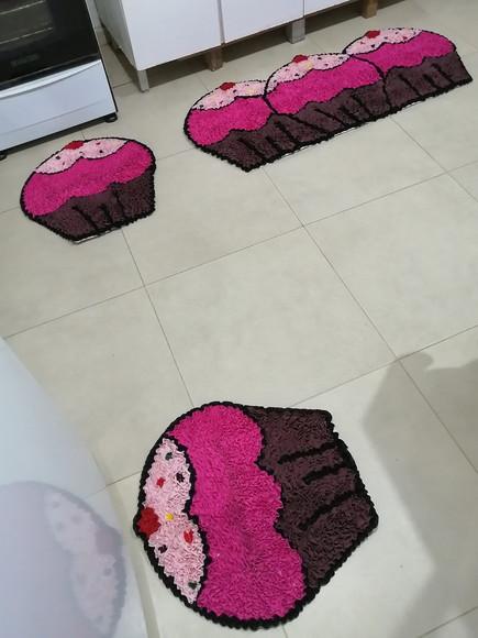 Jogo Cozinha Cupcake Rosa em Frufru Antiderrapante
