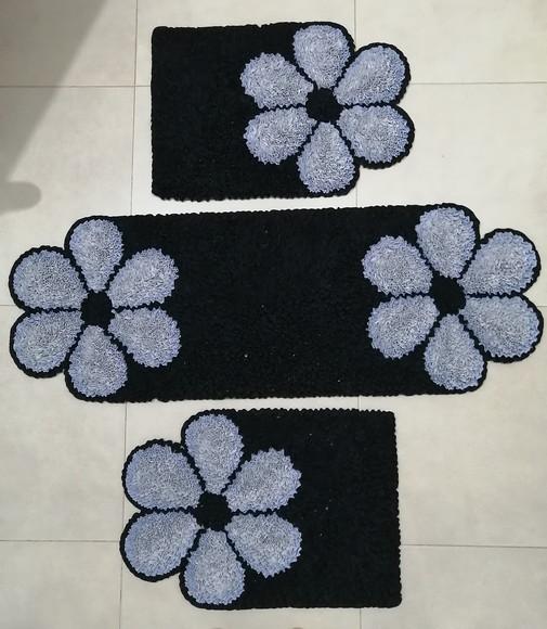 Jogo de Cozinha Flor Cinza em Frufru Antiderrapante