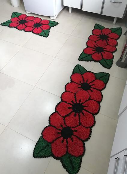 Jogo de Cozinha Flor Vermelha Frufru Antiderrapante