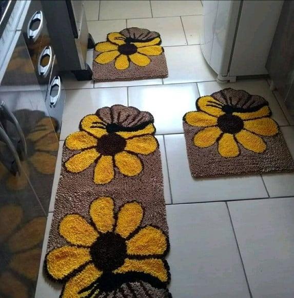 Jogo de Tapetes Frufru Flor Borboleta Antiderrapante