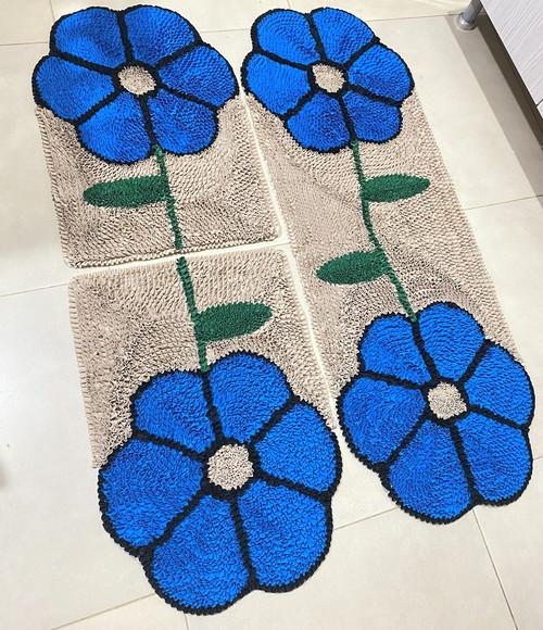 Jogo de Tapetes Frufru Flor Azul Antiderrapante