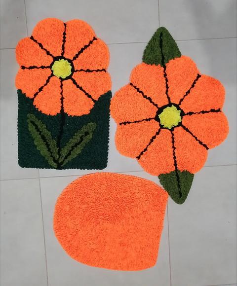 Tapetes Frufru Banheiro Flor Laranja Antiderrapante