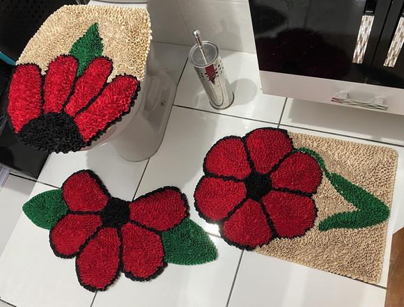 Tapetes Frufru Banheiro Flor Vermelha Antiderrapante
