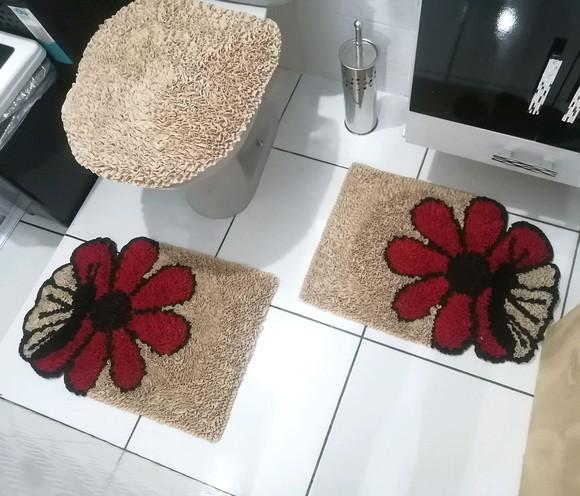 Tapetes Frufru Banheiro Flor Vermelha Antiderrapante