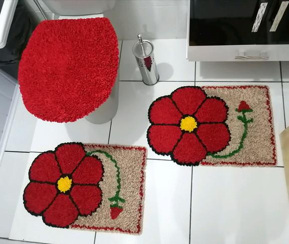 Tapetes Frufru Banheiro Flor Vermelha Antiderrapante