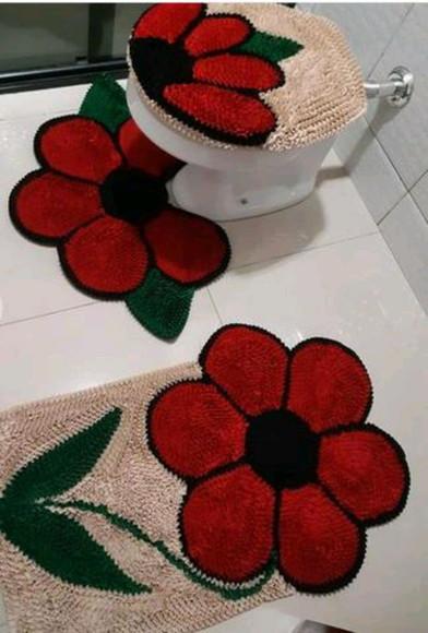 Tapetes Frufru Banheiro Flor Vermelha Antiderrapante