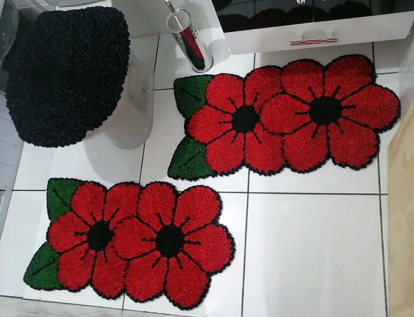 Tapetes Frufru Banheiro Flor Vermelha Antiderrapante