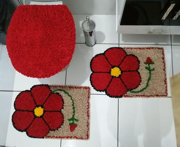Tapetes Frufru Banheiro Flor Vermelha Antiderrapante