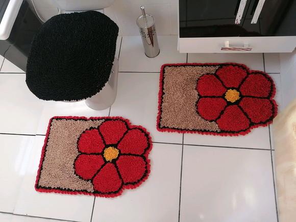 Tapetes Frufru Banheiro Flor Vermelha Antiderrapante