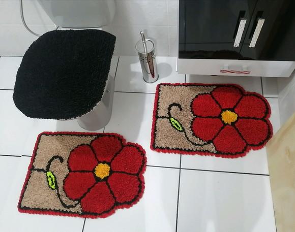 Tapetes Frufru Banheiro Flor Vermelha Antiderrapante