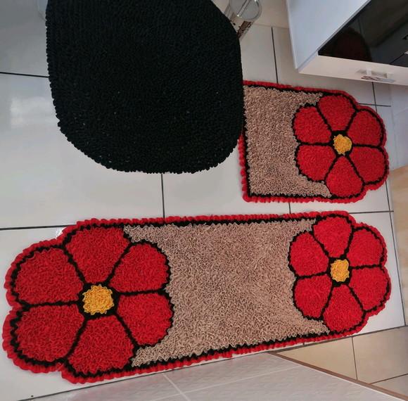Tapetes Frufru Banheiro Flor Vermelha Antiderrapante