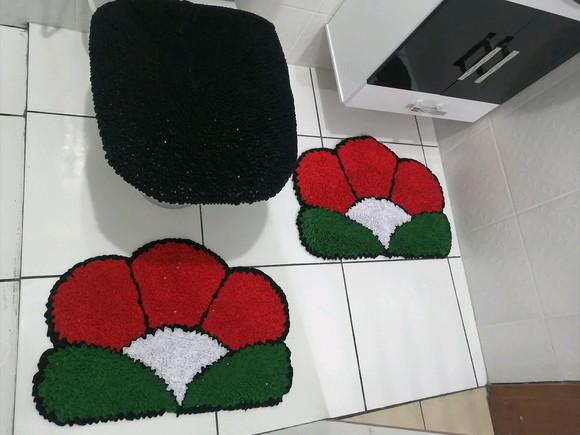 Tapetes Frufru Banheiro Flor Vermelha Antiderrapante
