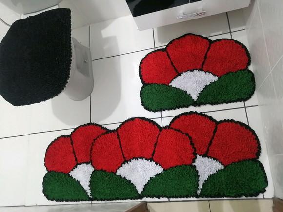 Tapetes Frufru Banheiro Flor Vermelha Antiderrapante