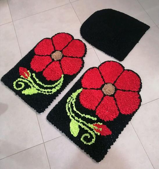 Tapetes Frufru Banheiro Flor Vermelha Antiderrapante