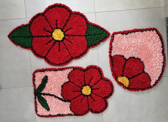 Tapetes Frufru Banheiro Flor Vermelha Antiderrapante