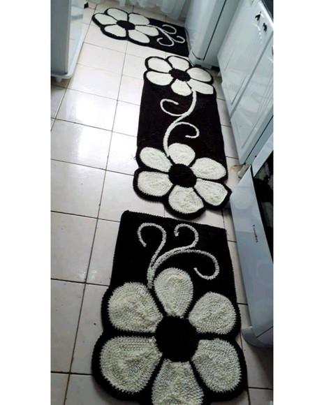 Tapetes Frufru Cozinha Branco e Preto Antiderrapante