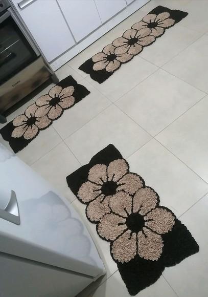 Tapetes Frufru Cozinha Flor Bege Antiderrapante