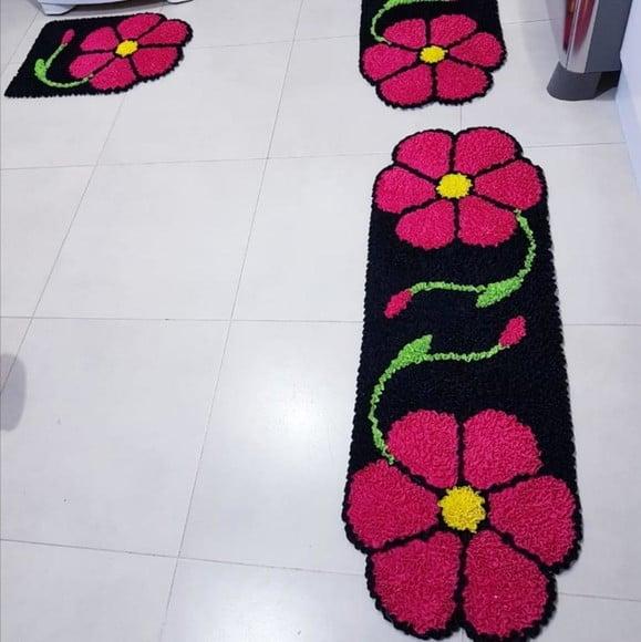 Tapetes Frufru Cozinha Flor Rosa 1m60cm Antiderrapante