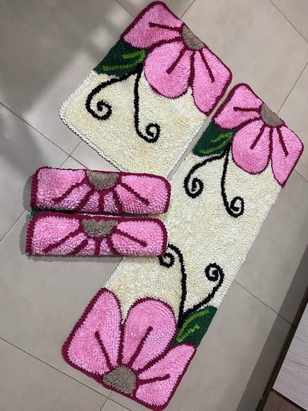 Tapetes Frufru Cozinha Flor Rosa Claro 4 Pçs Antiderrapante