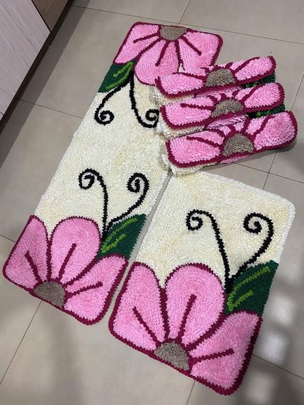 Tapetes Frufru Cozinha Flor Rosa Claro 5 Pçs Antiderrapante