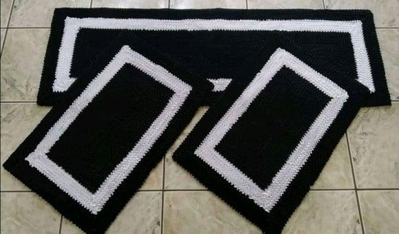 Tapetes Frufru Cozinha Preto e Branco 1m20cm Antiderrapante