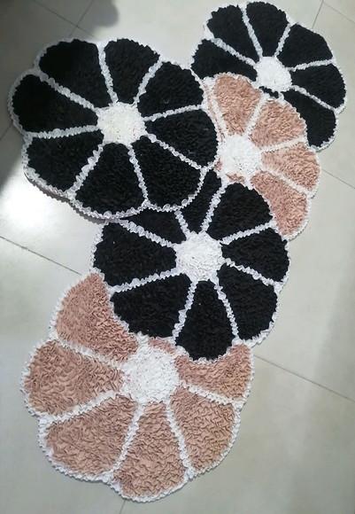 Tapetes Frufru Flor Bege e Marrom 2 Peças Antiderrapante