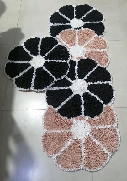 Tapetes Frufru Flor Bege e Marrom 2 Peças Antiderrapante