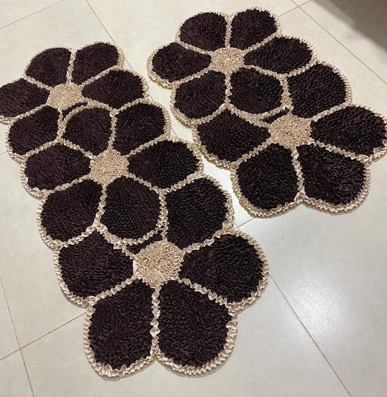 Tapetes Frufru Flor Marrom 2 Peças Antiderrapante