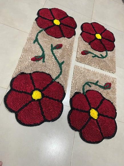 Tapetes Frufru Flor Vermelha 1m20cm Antiderrapante