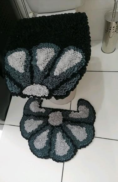 Tapetes Frufru Lavabo Flor Grafite e Cinza Antiderrapante