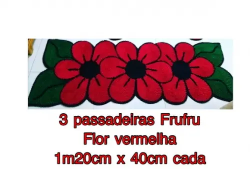 3 Passadeiras Frufru Flor Vermelha 1m20cm Antiderrapante