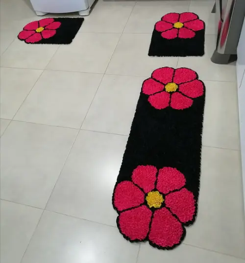 Jogo de Cozinha Flor Rosa em Frufru Antiderrapante