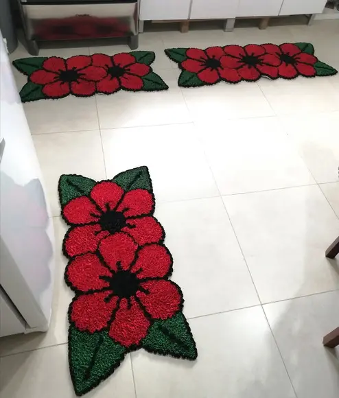 Jogo de Cozinha Flor Vermelha Frufru Antiderrapante