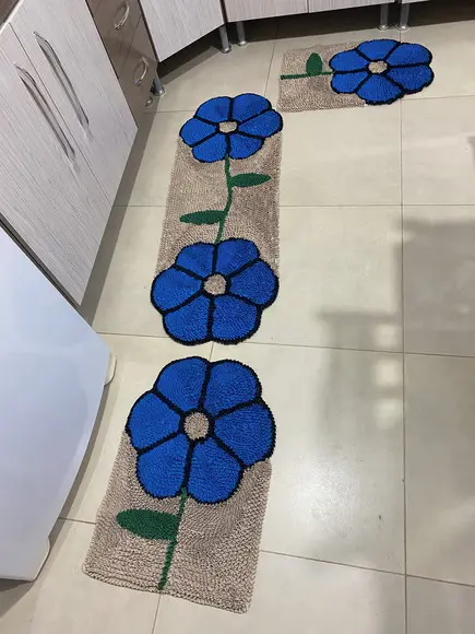 Jogo de Tapetes Frufru Flor Azul Antiderrapante