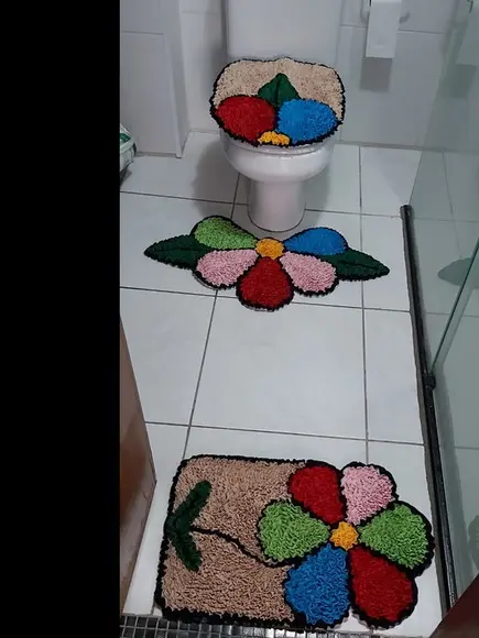 Jogo de Tapetes Frufru Flor Colorida Antiderrapante
