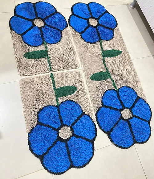 Jogo de Tapetes Frufru Flor Azul Antiderrapante