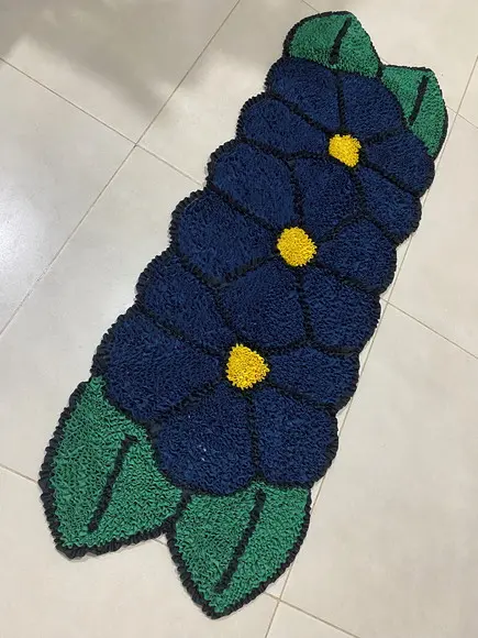 Passadeira Frufru Flor Azul 1m20cm Antiderrapante
