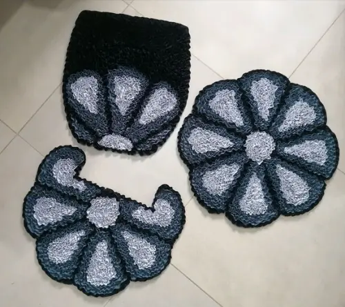 Tapetes Frufru Banheiro Flor Grafite e Cinza Antiderrapante