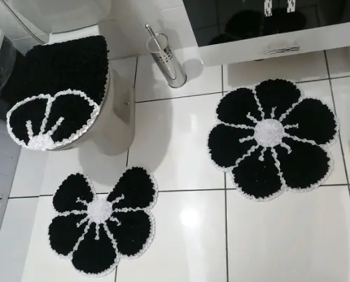 Tapetes Frufru Banheiro Flor Preta Antiderrapante