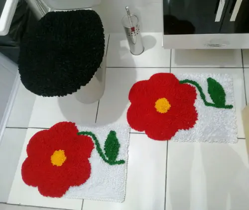 Tapetes Frufru Banheiro Flor Vermelha Antiderrapante