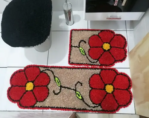 Tapetes Frufru Banheiro Flor Vermelha Antiderrapante